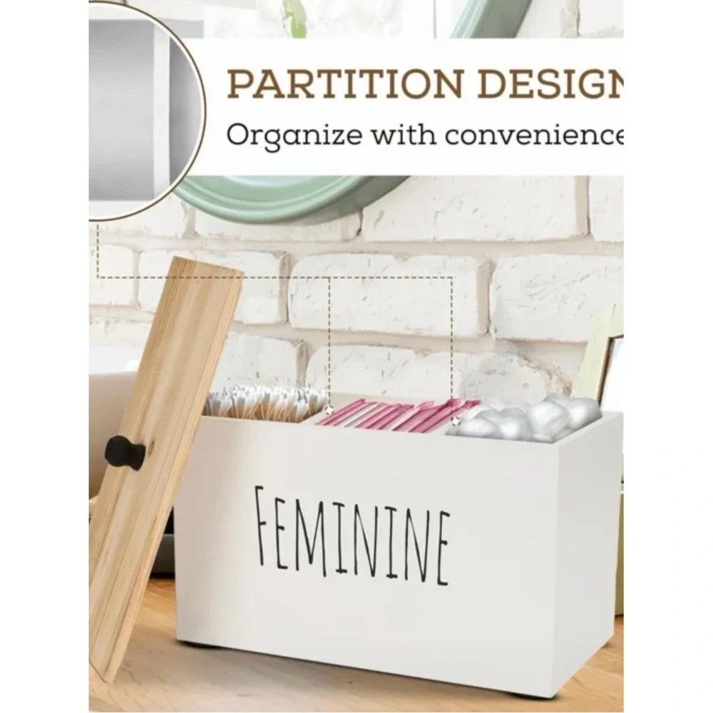 Feminine Bathroom Storage Box – White with Wood Lid